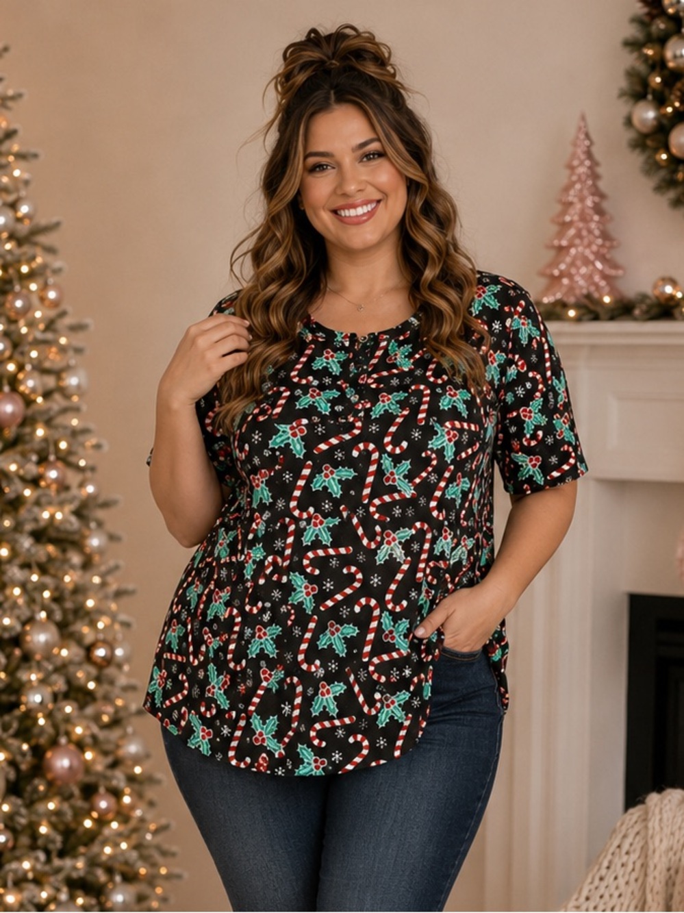 Modcloth Winning Them Over Short Sleeve Holiday Top Black Candy Cane 1X NWT
